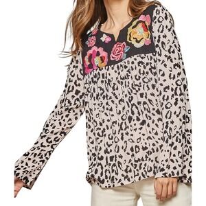 Savanna Jane Blush Pink & Black Leopard Floral‎ Embroidered Bell Sleeve Blouse S
